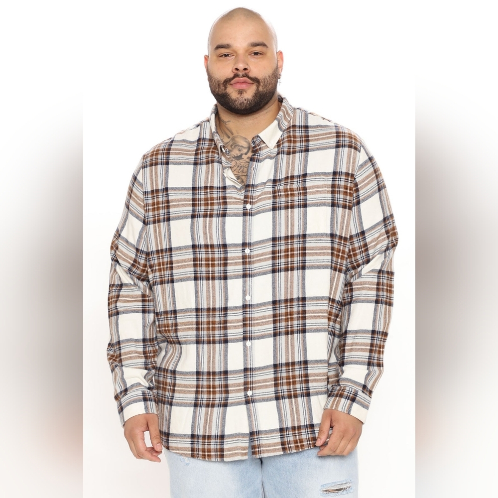 NWT Light Breeze Plaid Long Sleeve Woven Top - Khaki/combo